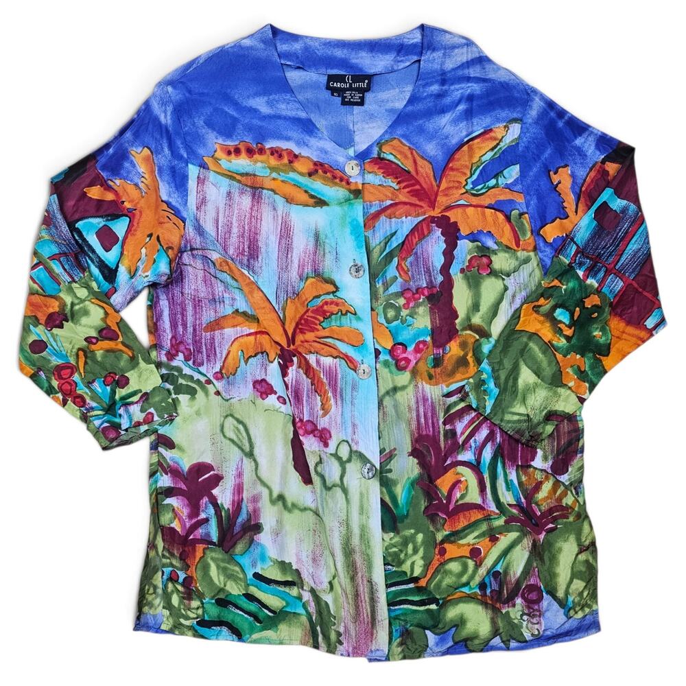 CAROLE LITTLE Wearable Art Button up Shirt Women's 10 VTG 90s 100% Silk Abstract